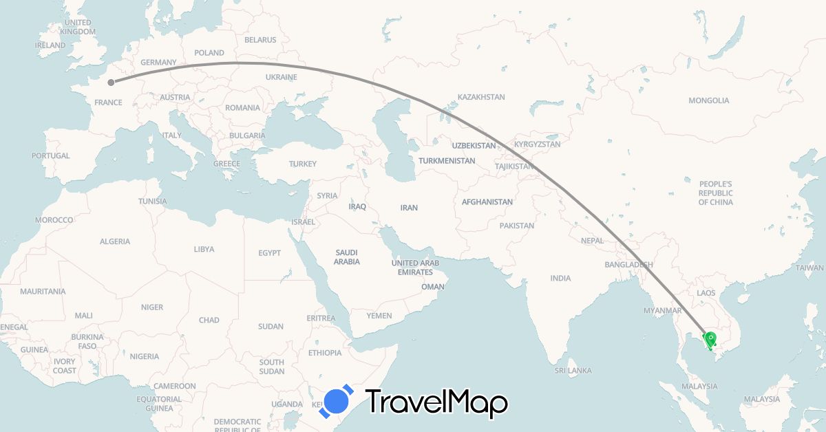 TravelMap itinerary: driving, bus, plane in France, Cambodia (Asia, Europe)